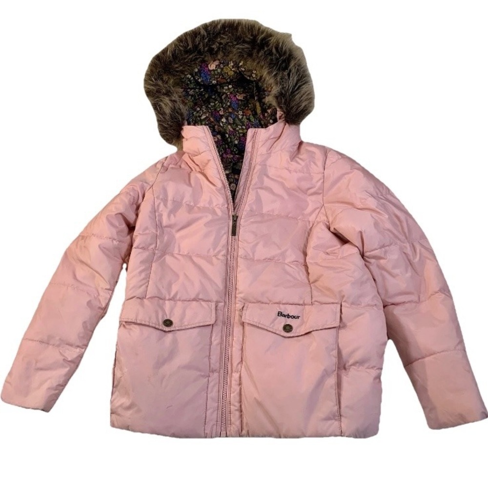 Barbour Pink Puffer Hooded Jacket Faux Fur Hooded Kids Girls Sz XL 12/13 READ